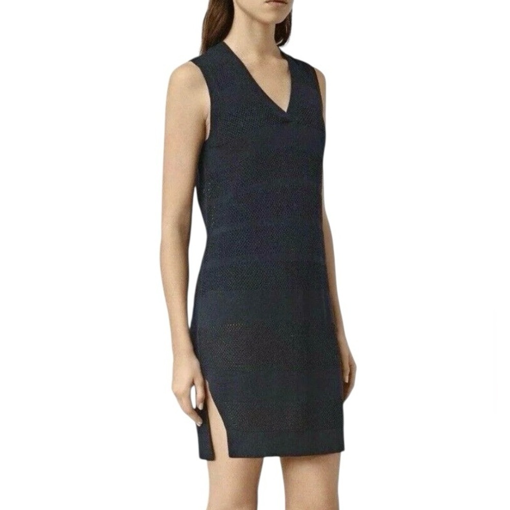 All Saints Women’s 4 Navy Linen Cotton Blend Fix Mesh Knit Sleeveless Slit Dress